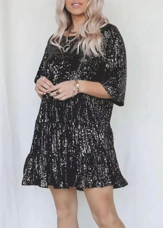 Chic Silver O Neck Sequins Cotton Mid Dress Summer - Image 3