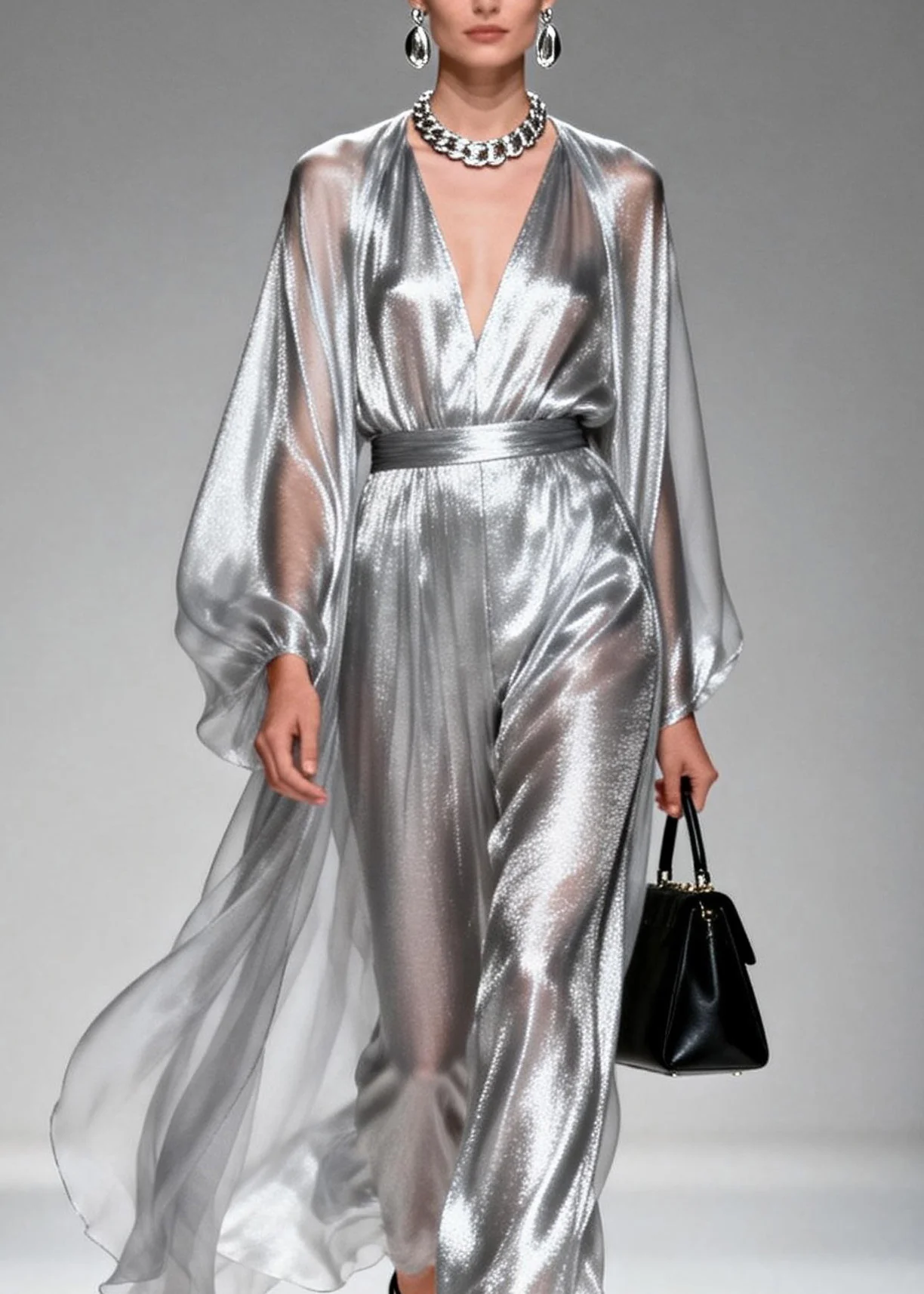 Chic Silver V Neck Silk Long Dresses Spring - Image 2