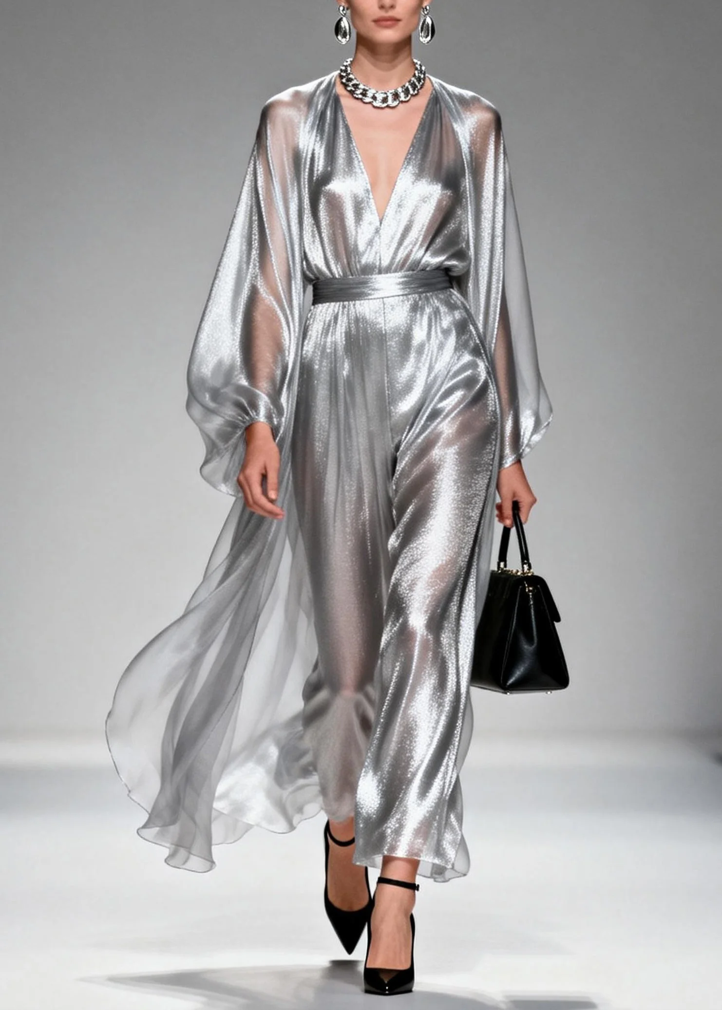 Chic Silver V Neck Silk Long Dresses Spring - Image 5