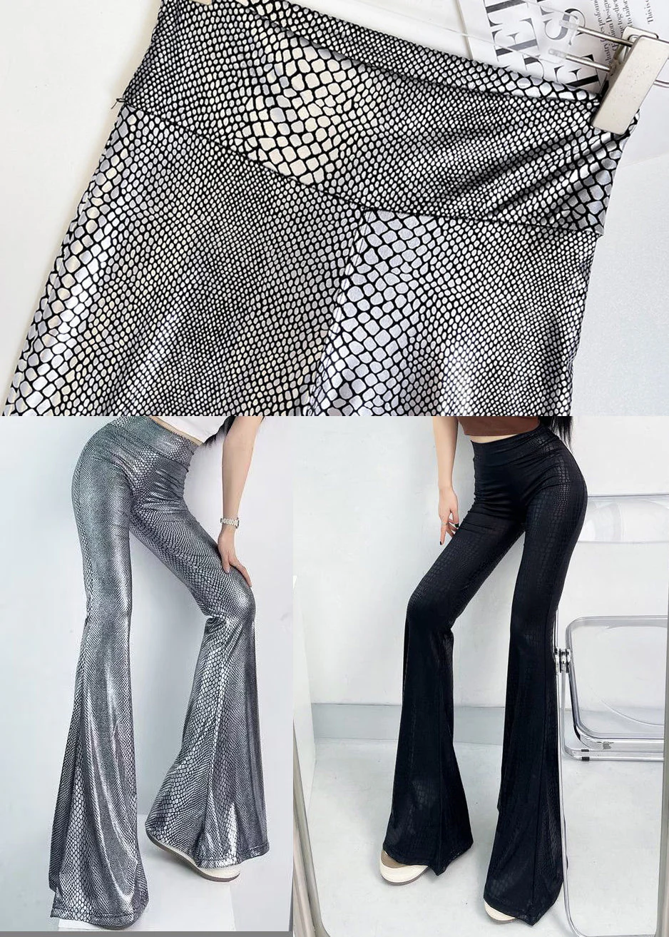Chic Silvery Snakeskin Pattern Tummy Control Flared Trousers Fall - Image 5
