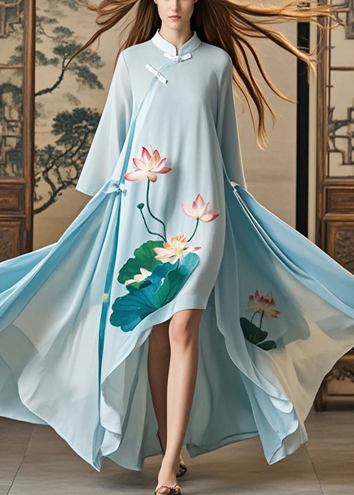 Chic Sky Blue Asymmetrical Lotus Print Chiffon Oriental Dress Spring - Image 5