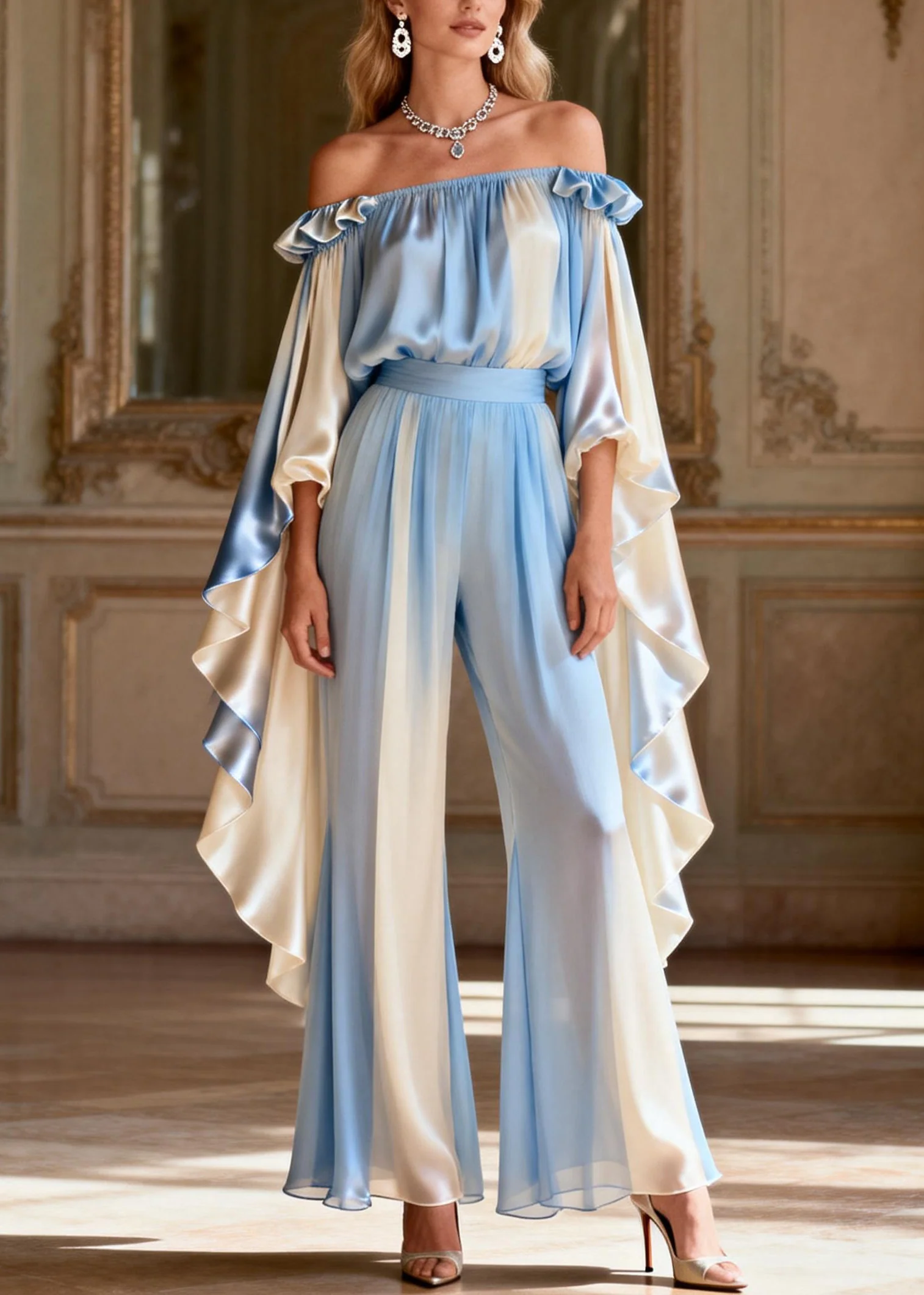 Chic Slash Neck Asymmetrical Patchwork Silk Two-Piece Set Spring - Image 5