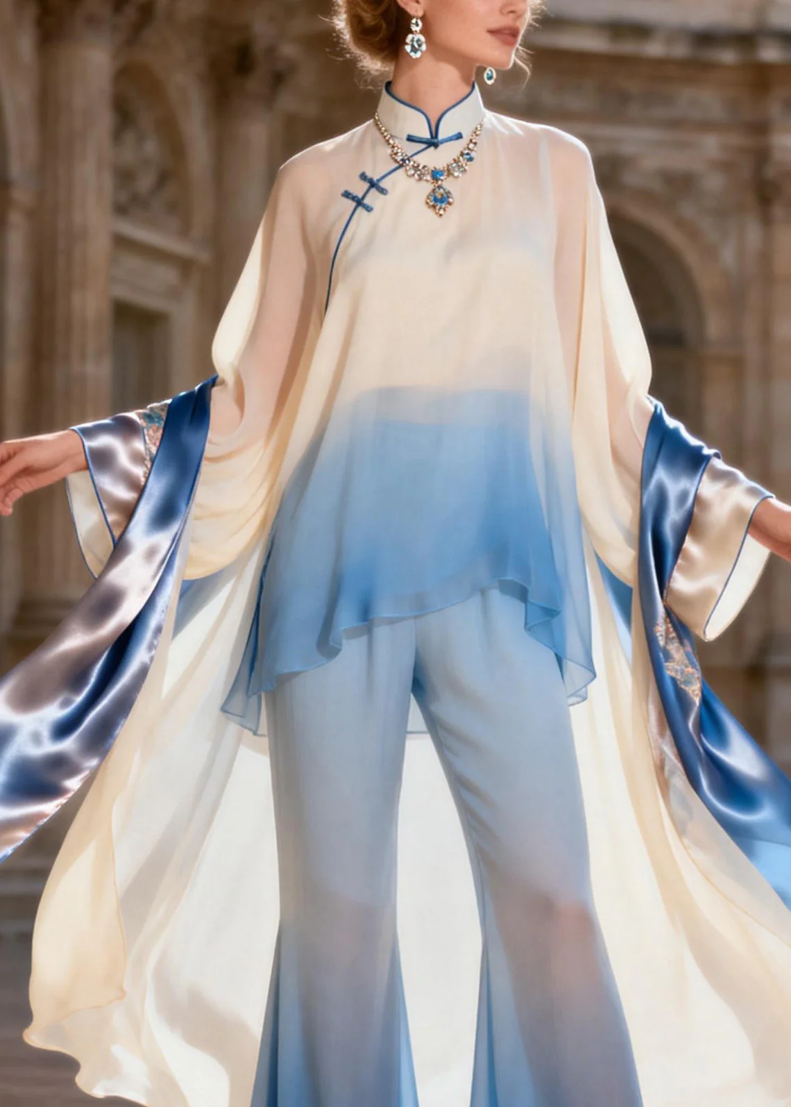 Chic Stand Collar Asymmetrical Patchwork Silk 2 Piece Outfit Spring - Image 2