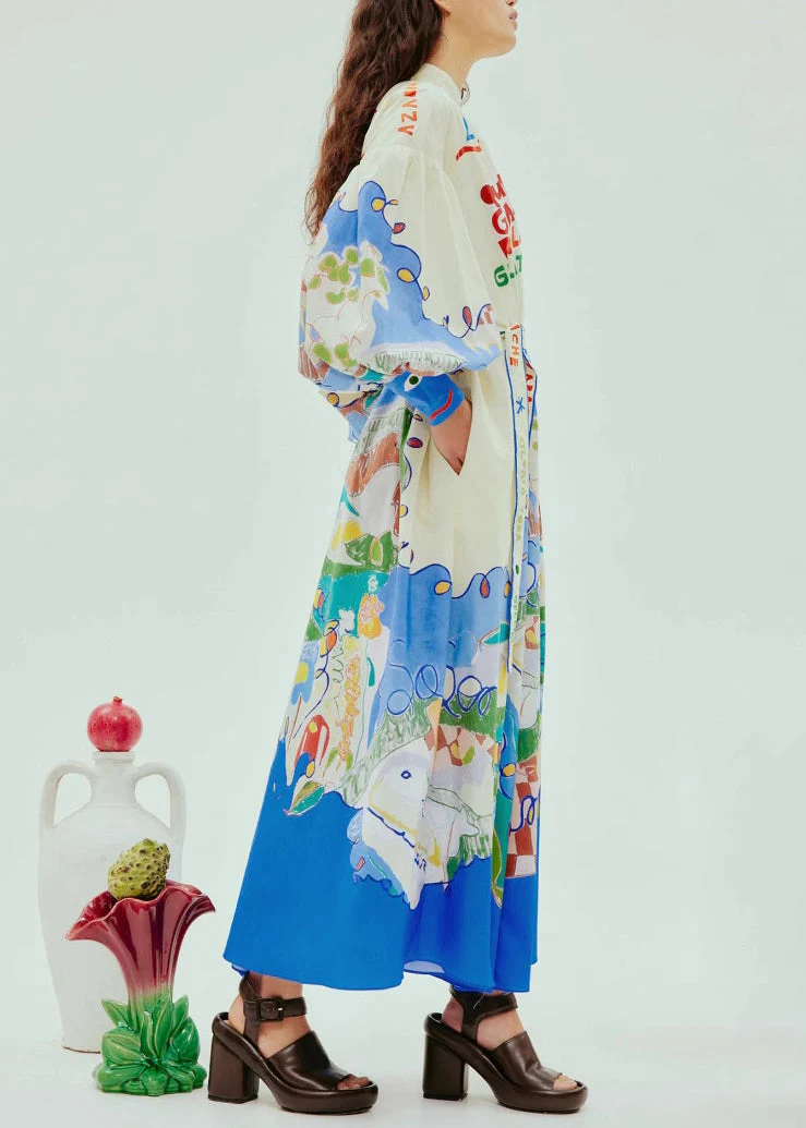 Chic Stand Collar Print Button Long Dress Lantern Sleeve - Image 2