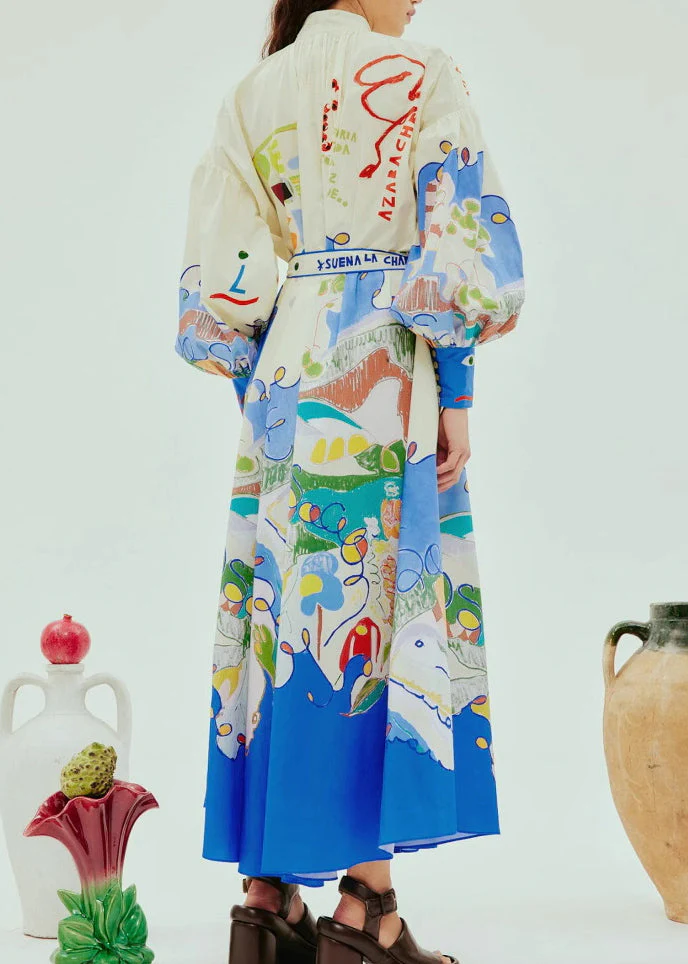 Chic Stand Collar Print Button Long Dress Lantern Sleeve - Image 3