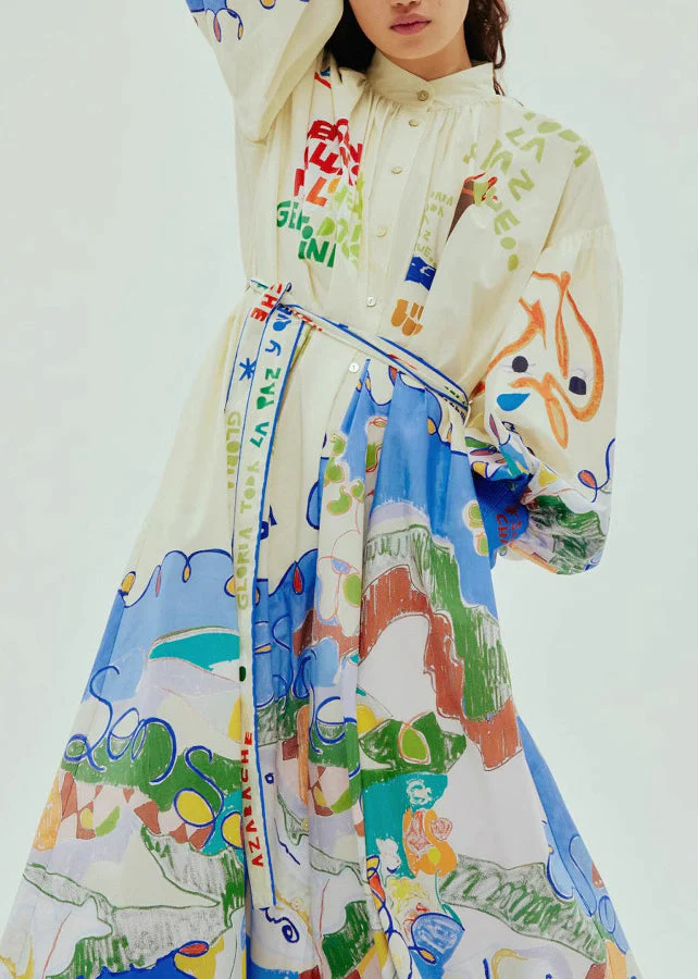 Chic Stand Collar Print Button Long Dress Lantern Sleeve - Image 4