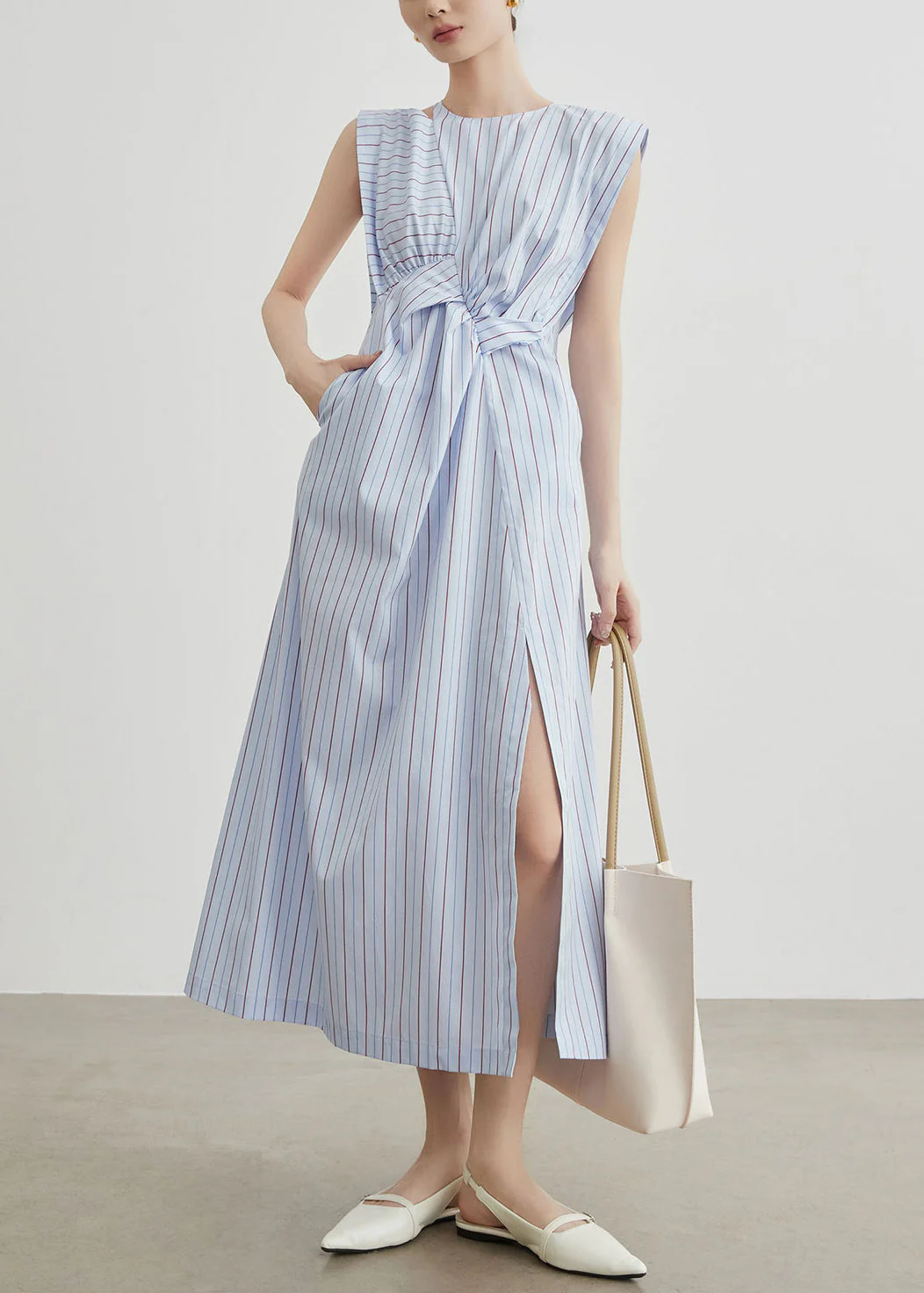 Chic Striped Hollow Out Side Open Cotton Long Dress Sleeveless - Image 2