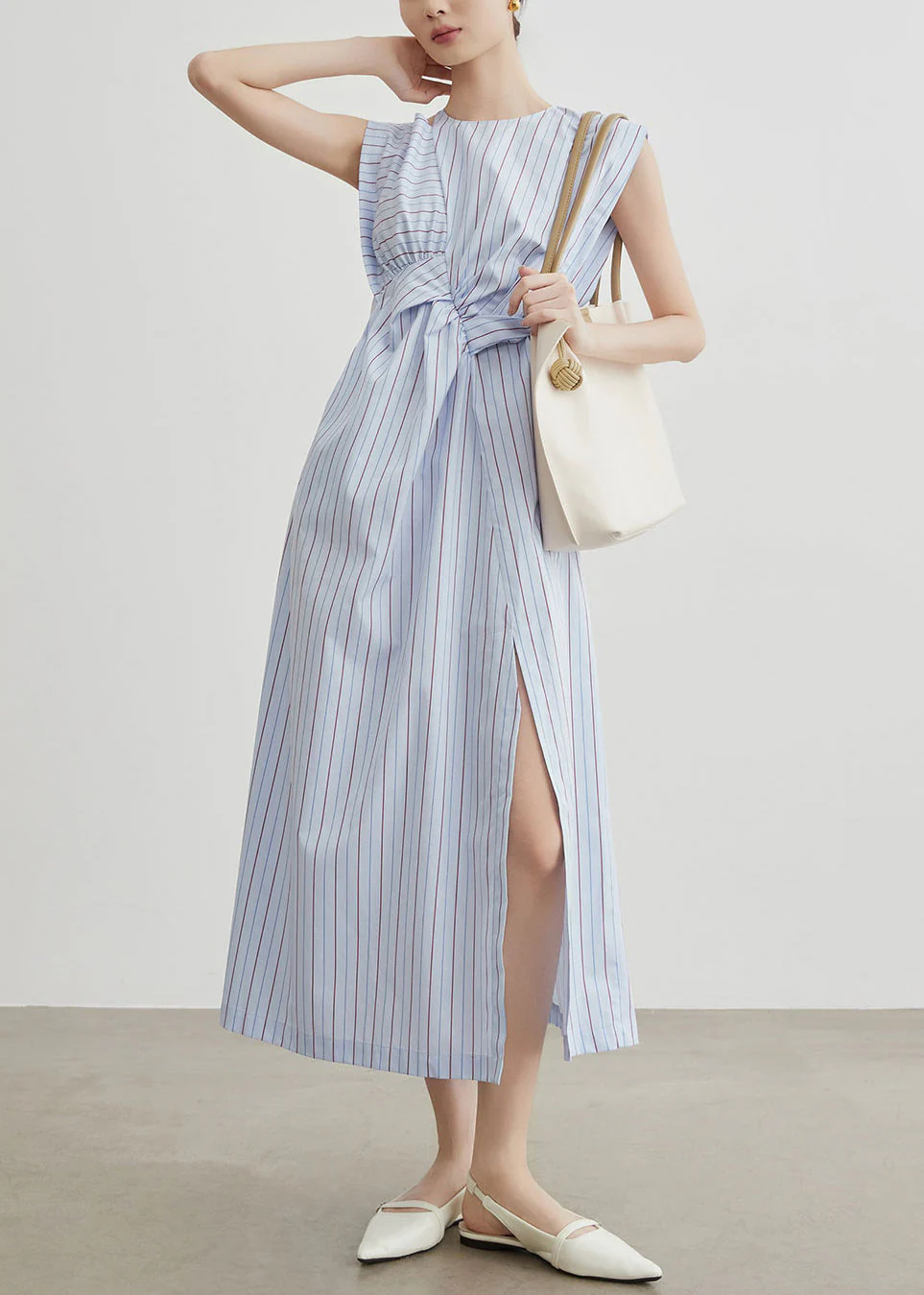 Chic Striped Hollow Out Side Open Cotton Long Dress Sleeveless - Image 3