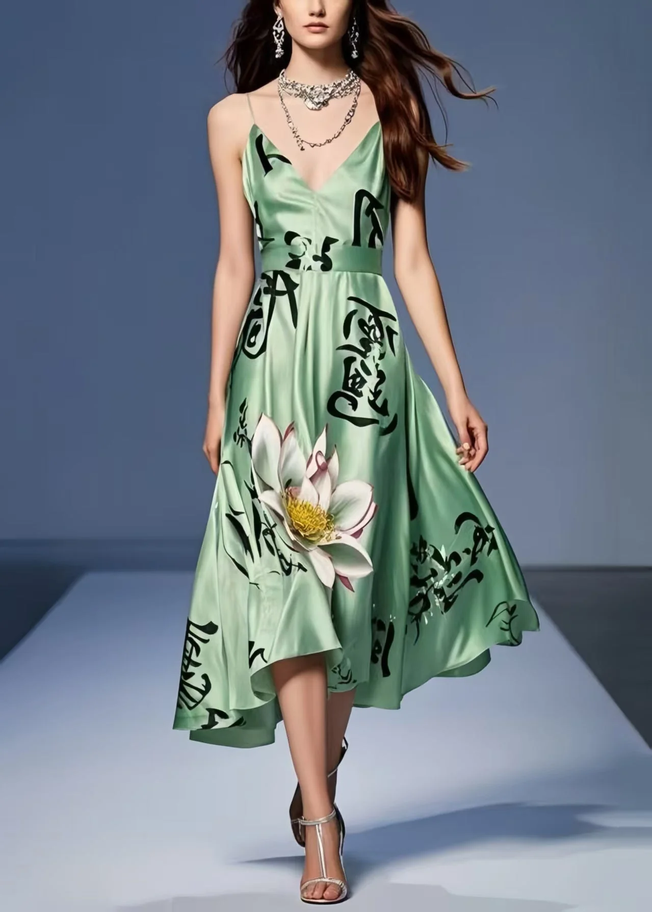 Chic Tea Green Print Silk Spaghetti Strap Dress Summer - Image 3
