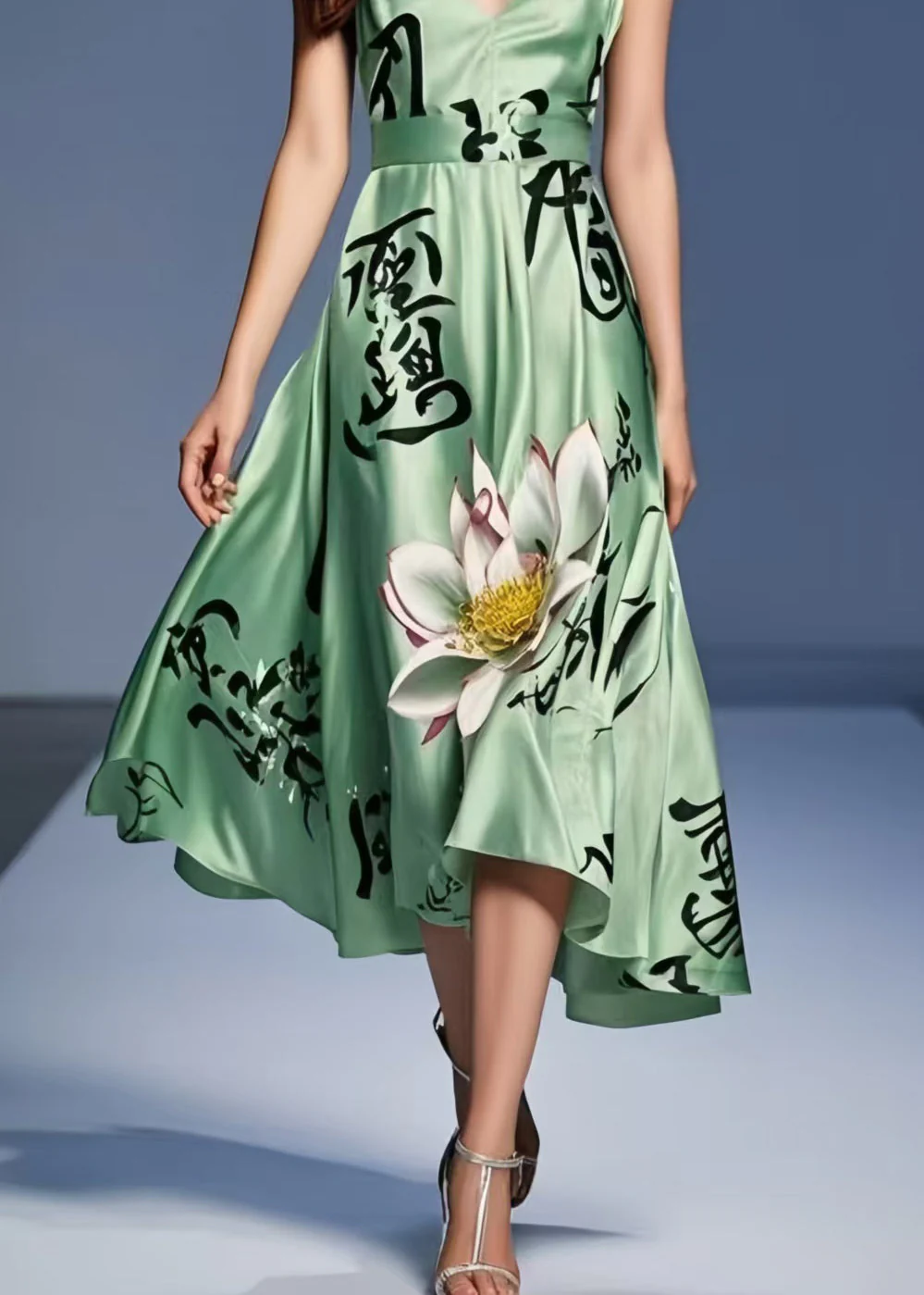 Chic Tea Green Print Silk Spaghetti Strap Dress Summer - Image 4