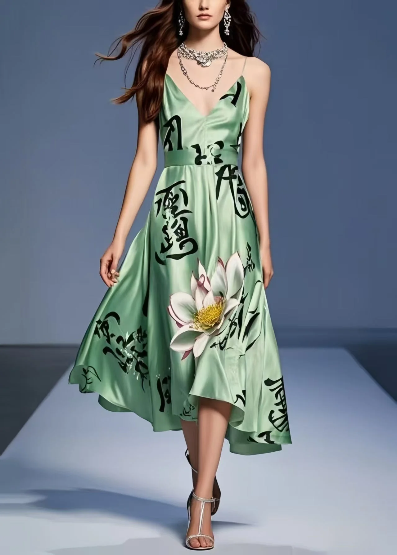 Chic Tea Green Print Silk Spaghetti Strap Dress Summer - Image 5