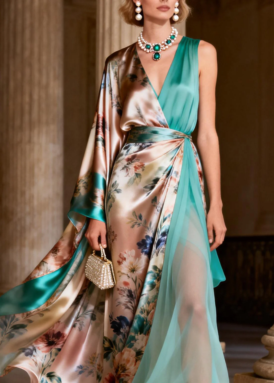 Chic V Neck Asymmetrical Patchwork Silk Maxi Dresses Summer - Image 2