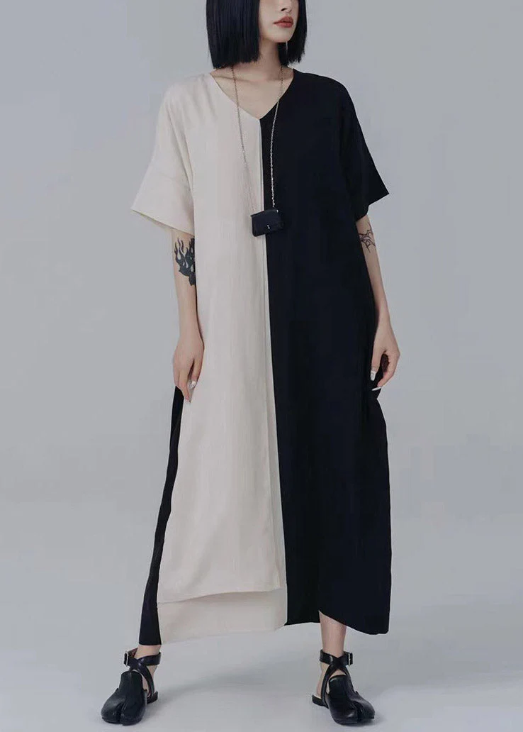 Chic V Neck Asymmetrical Patchwork Tie Waist Long Dresses Summer - Image 3