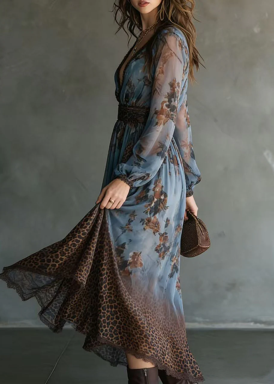 Chic V Neck Lace Print Patchwork Chiffon Long Dresses Summer - Image 4