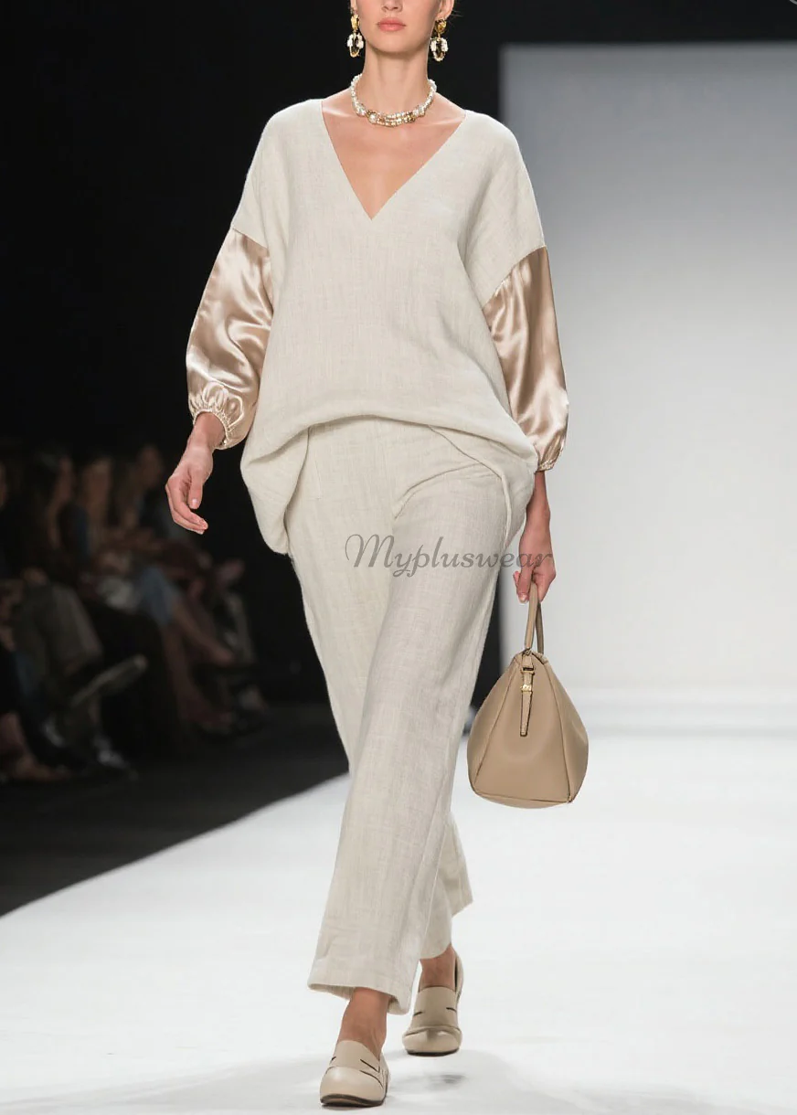 Chic V Neck Patchwork Linen Silk Two Pieces Set Spring - Image 3