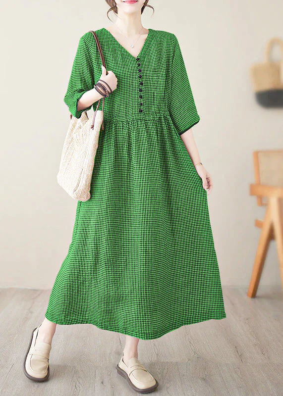 Chic V Neck Plaid Patchwork Button Linen Maxi Dresses Summer - Image 10
