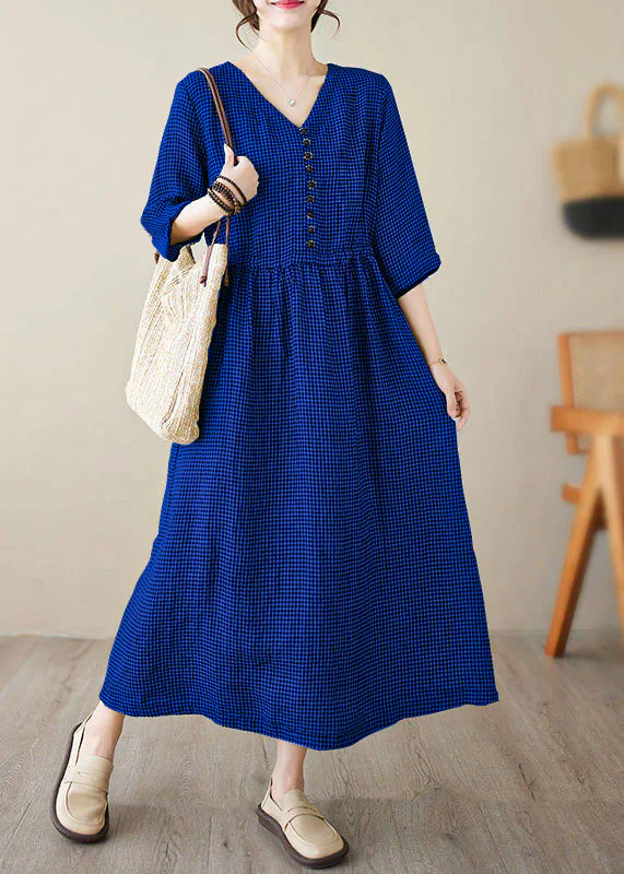 Chic V Neck Plaid Patchwork Button Linen Maxi Dresses Summer - Image 7