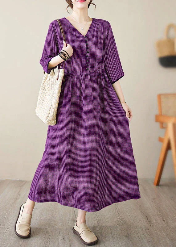 Chic V Neck Plaid Patchwork Button Linen Maxi Dresses Summer - Image 8