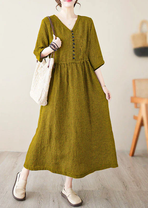 Chic V Neck Plaid Patchwork Button Linen Maxi Dresses Summer - Image 9