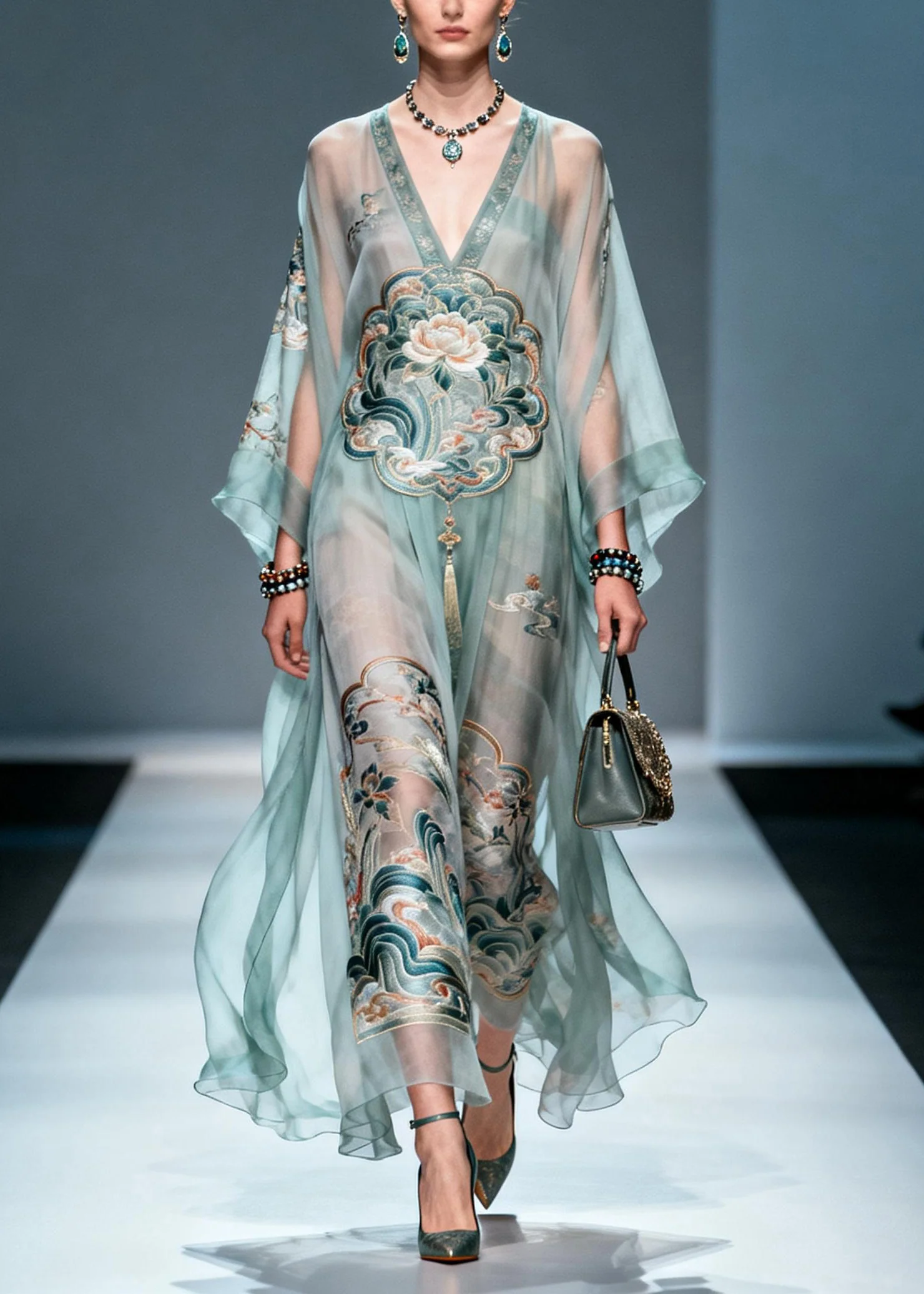 Chic V Neck Print Loose Chiffon Long Dress Spring - Image 3
