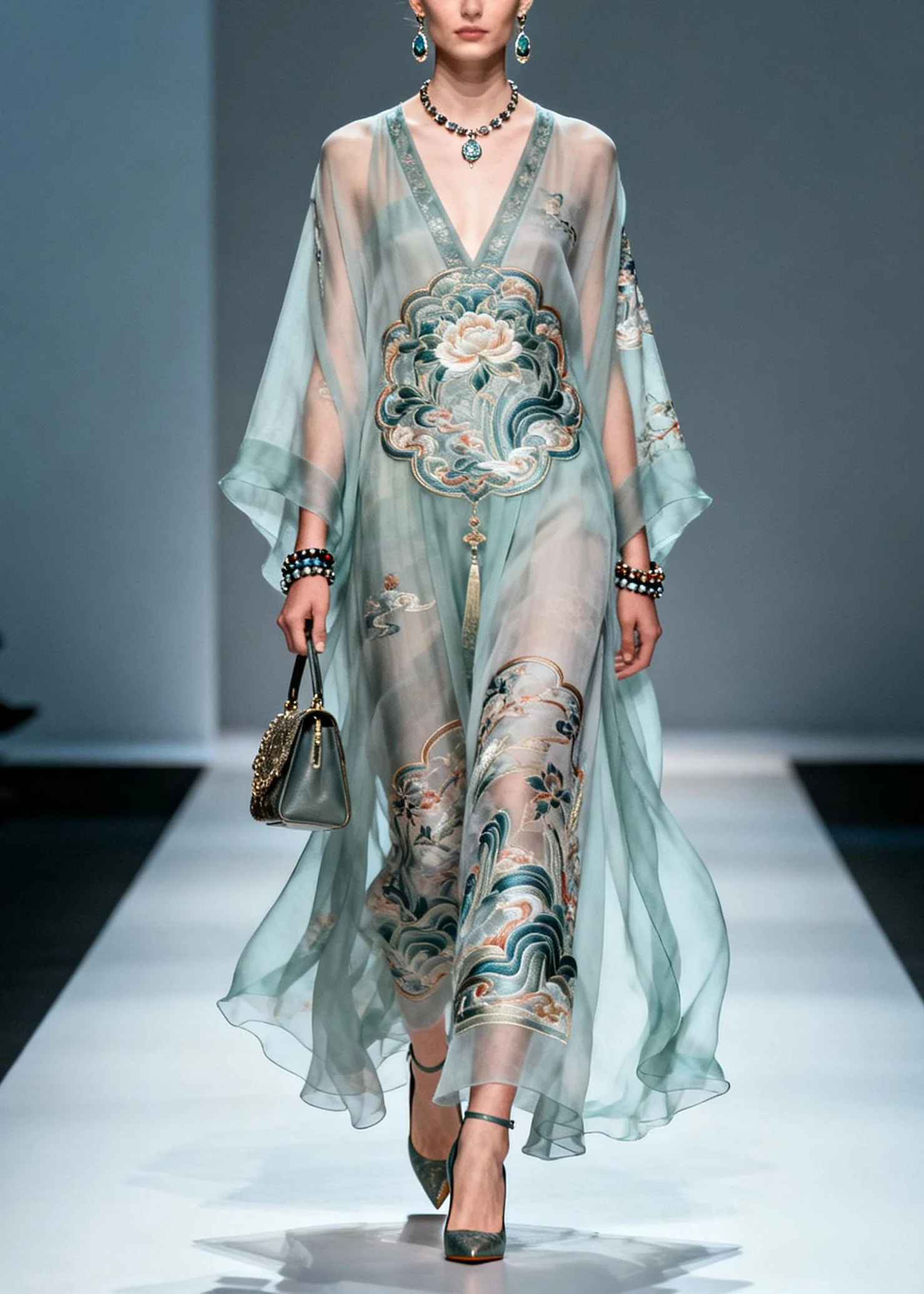 Chic V Neck Print Loose Chiffon Long Dress Spring - Image 5