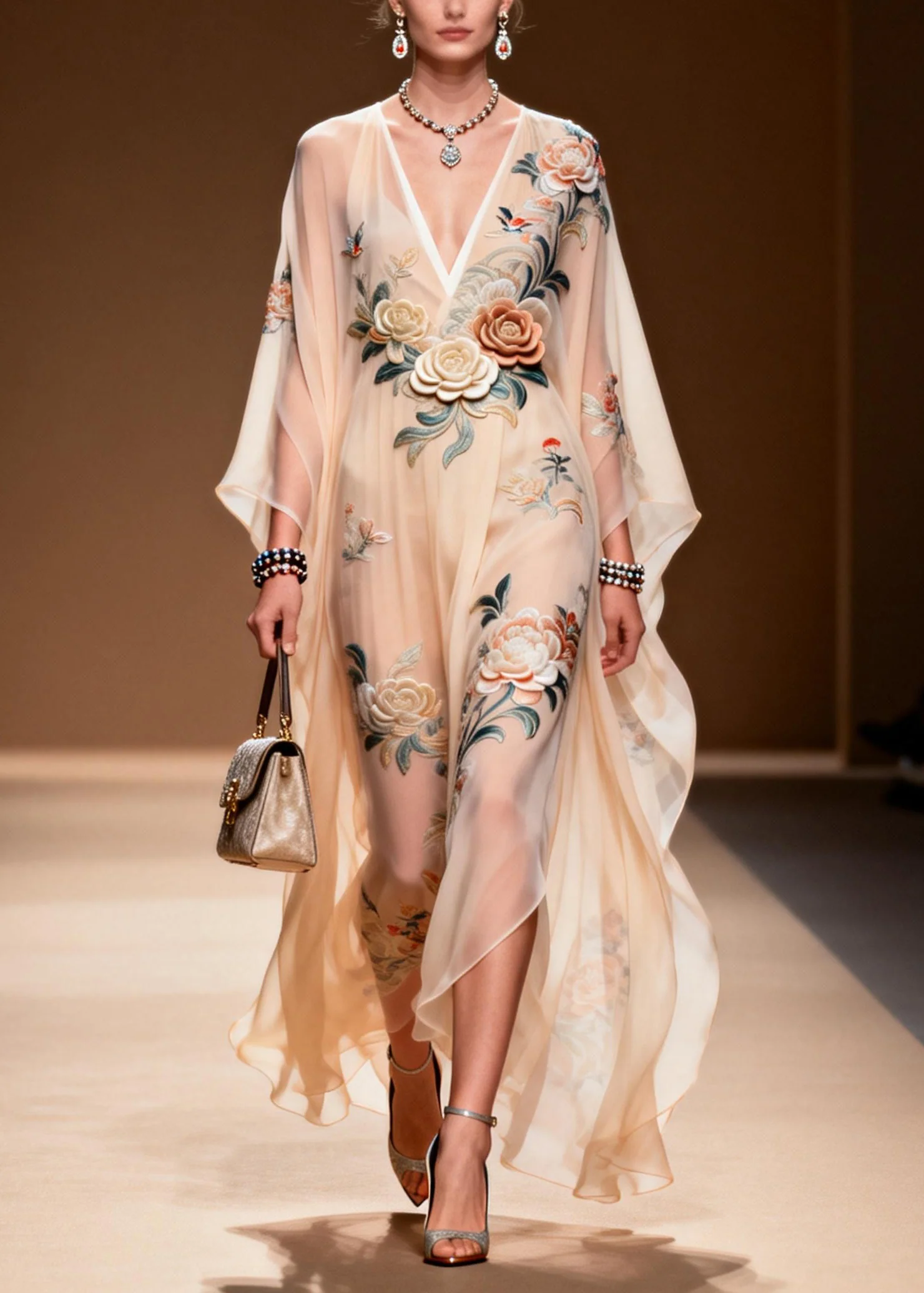 Chic V Neck Print Wrinkled Chiffon Maxi Dresses Spring