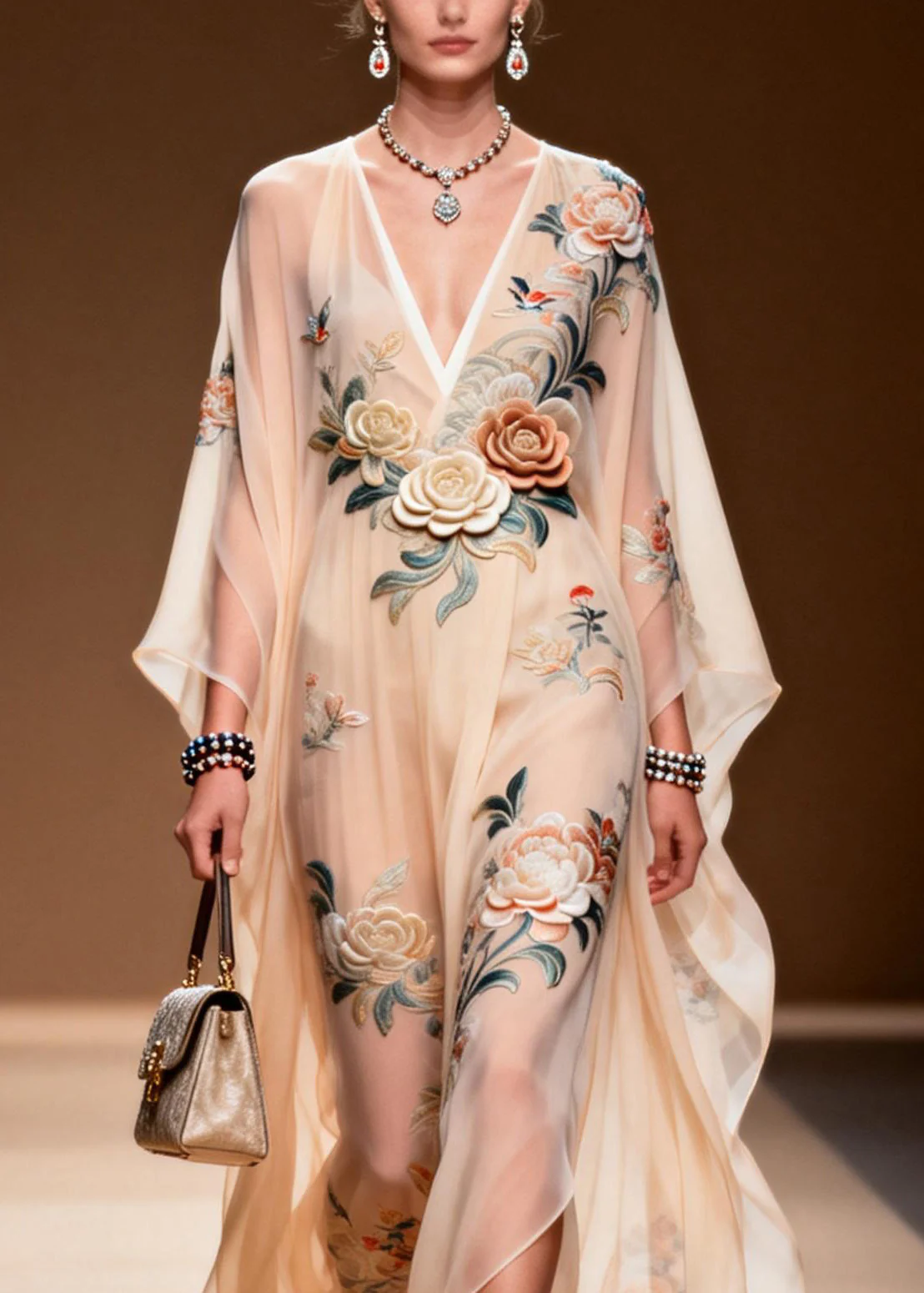 Chic V Neck Print Wrinkled Chiffon Maxi Dresses Spring - Image 2