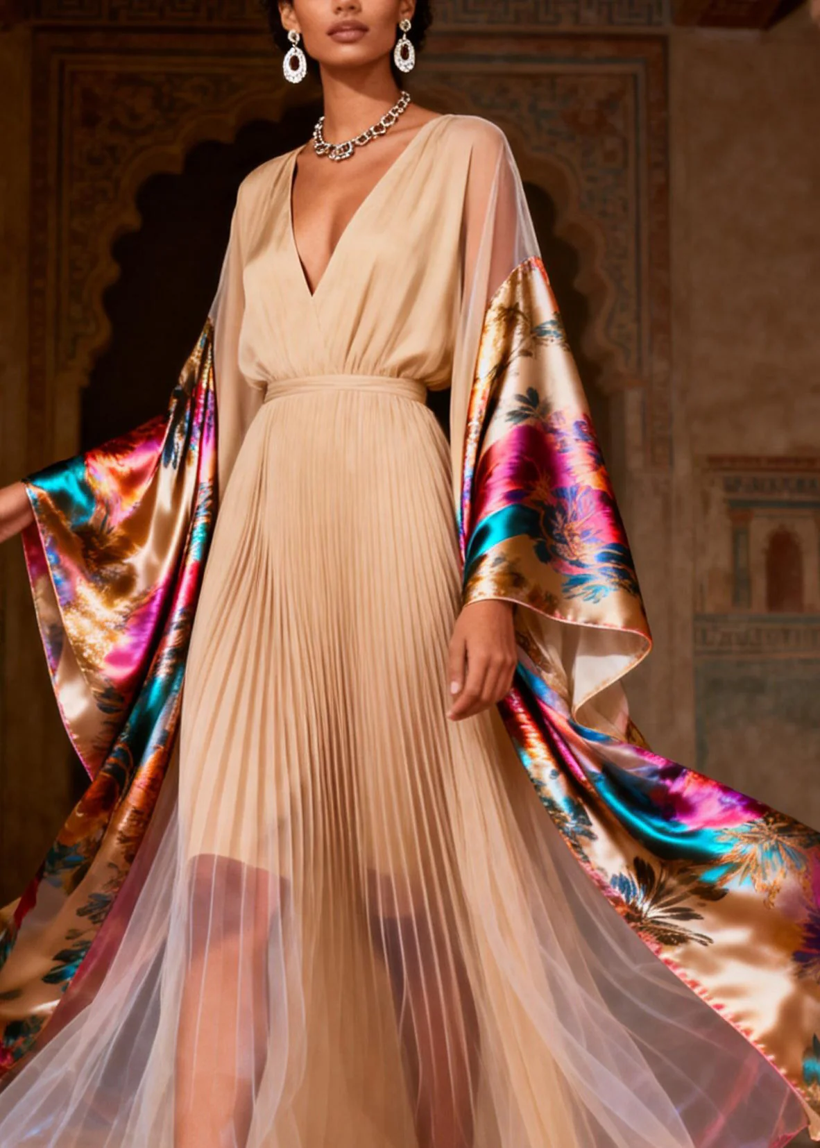 Chic V Neck Print Wrinkled Patchwork Silk Dress Spring - Image 2