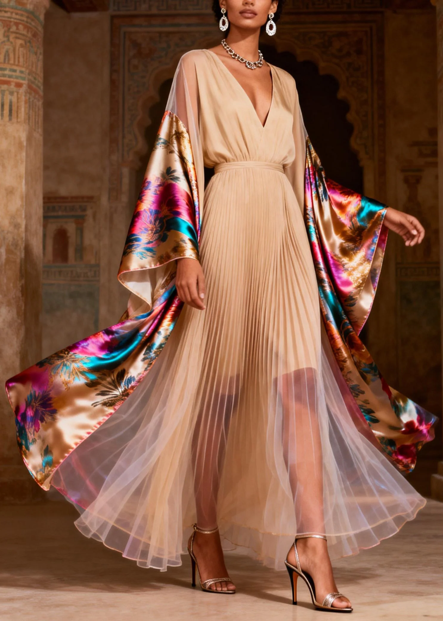 Chic V Neck Print Wrinkled Patchwork Silk Dress Spring - Image 3