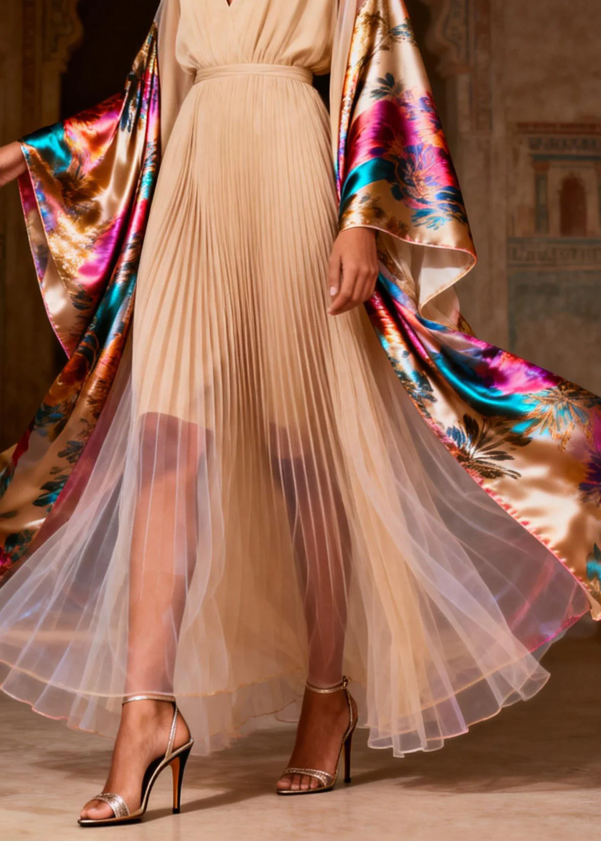 Chic V Neck Print Wrinkled Patchwork Silk Dress Spring - Image 4