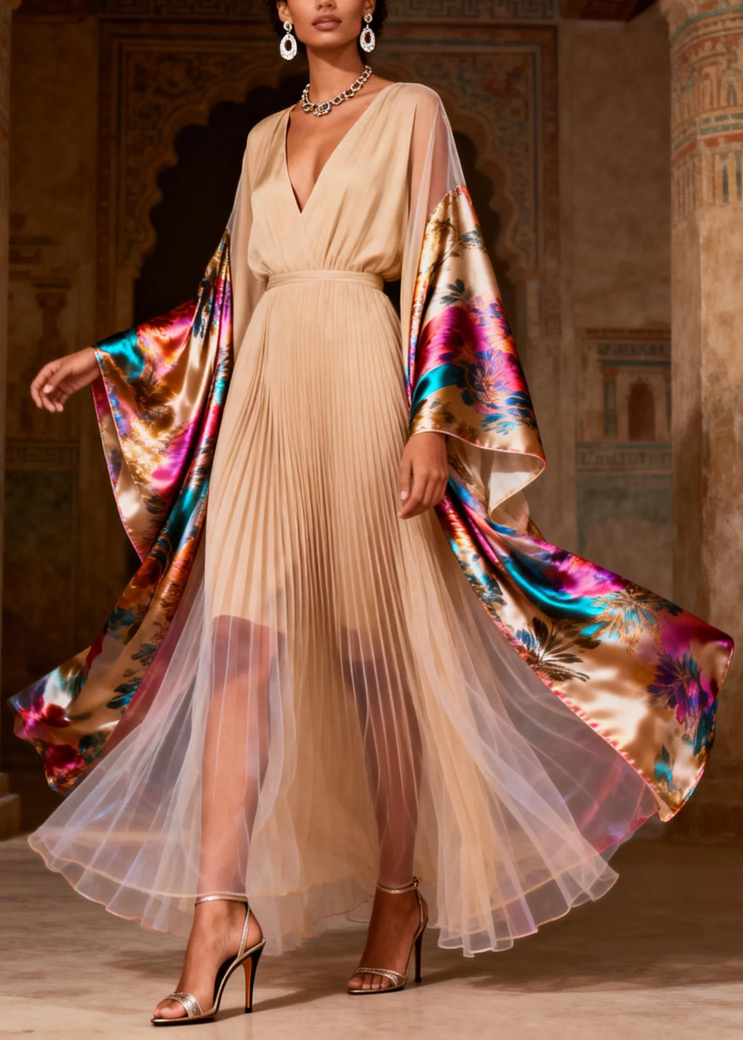 Chic V Neck Print Wrinkled Patchwork Silk Dress Spring - Image 5