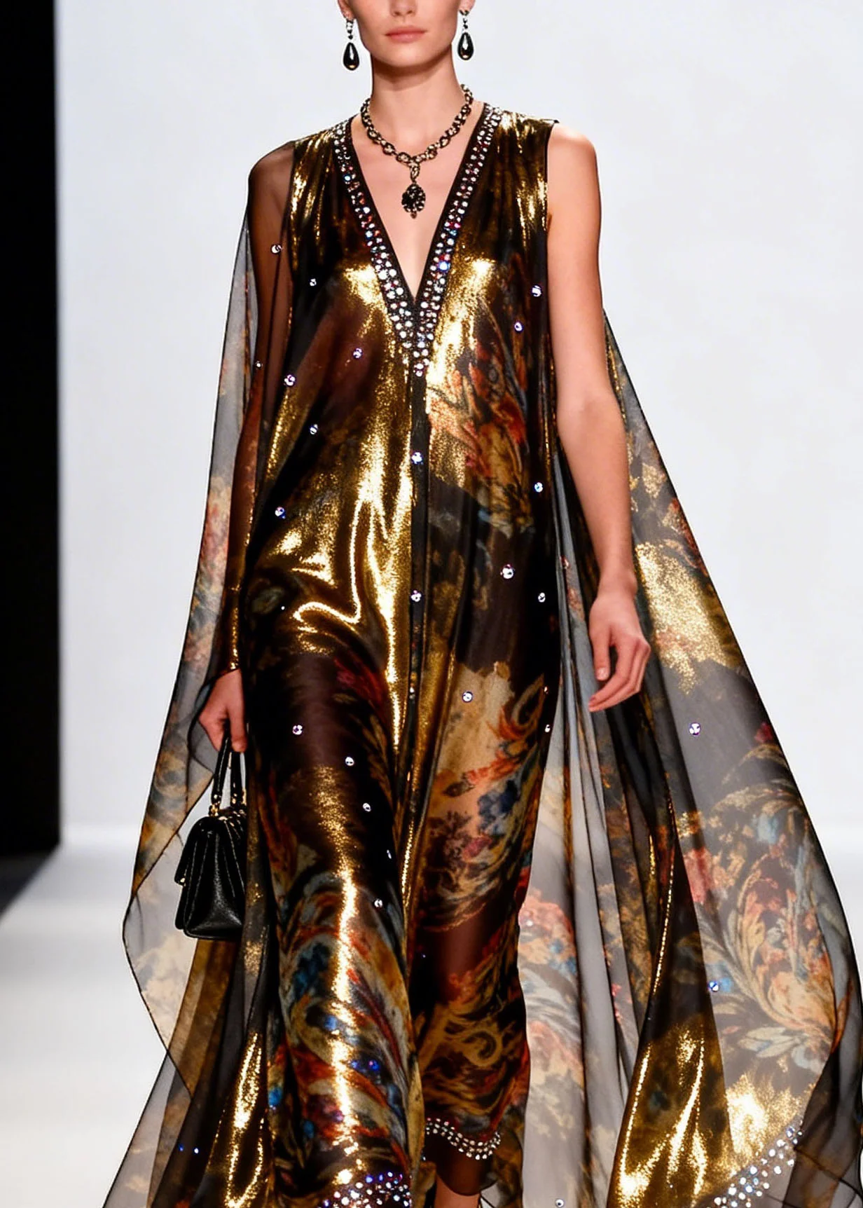 Chic V Neck Print Zircon Chiffon Long Dresses Summer - Image 2