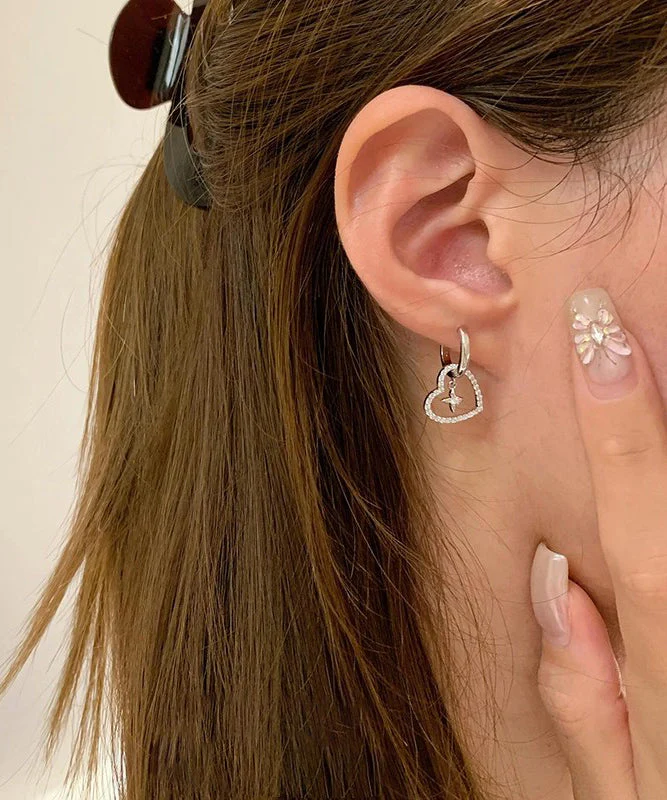 Chic White Alloy Zircon Hollow Out Love Cross Hoop Earrings - Image 2