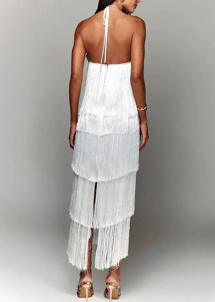 Chic White Backless Tasseled Halter Dress Summer - Image 4