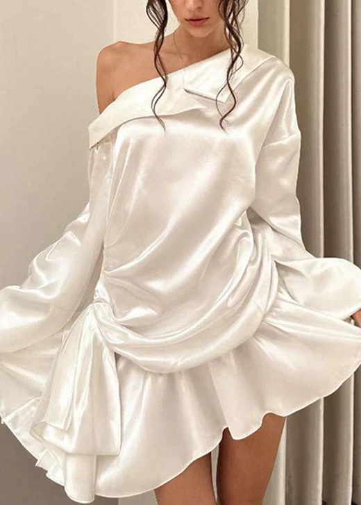 Chic White Cold Shoulder Wrinkled Silk Mid Dress Fall - Image 3