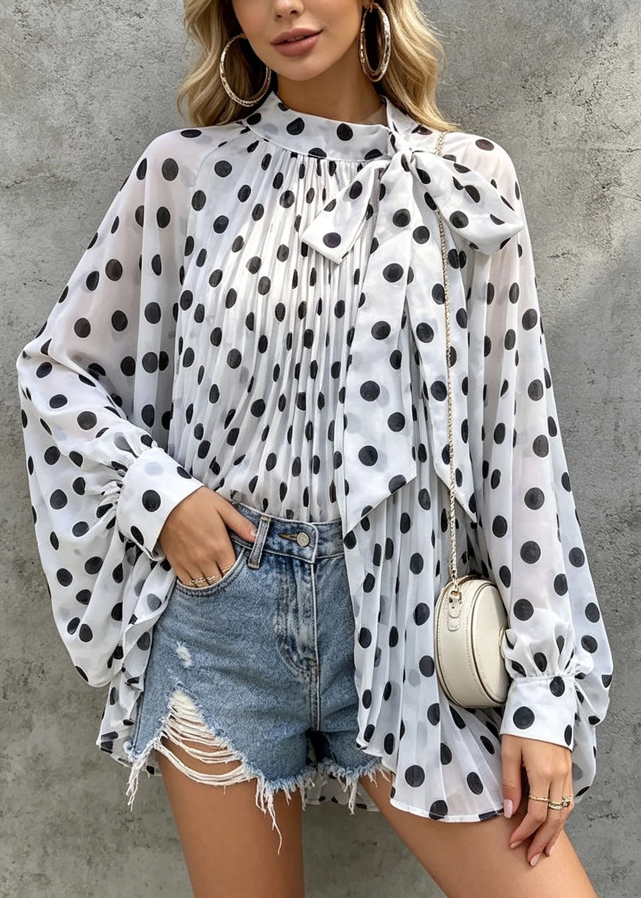 Chic White Dot Print Bow Chiffon Tops Batwing Sleeve - Image 3