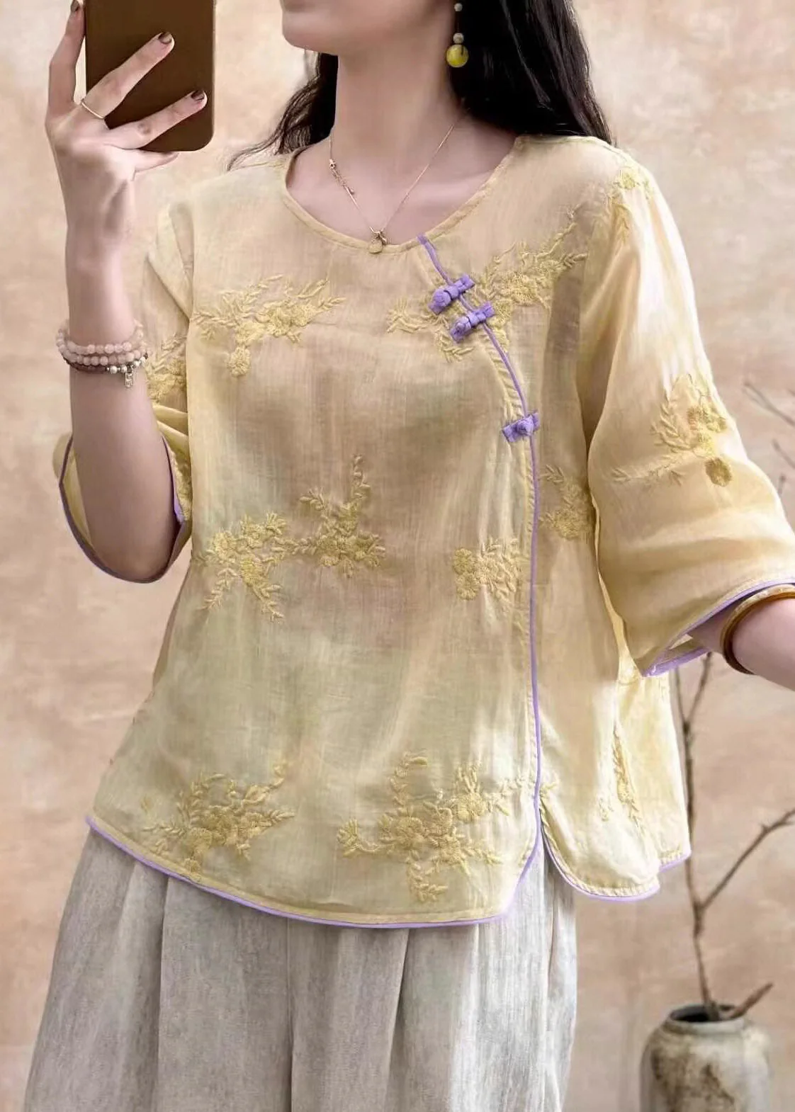 Chic White Embroidered Button Linen Tops Summer - Image 2