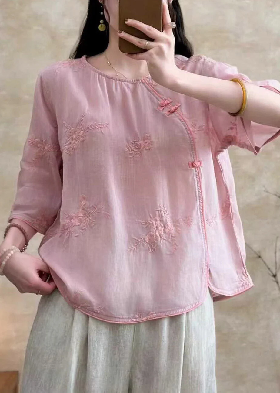 Chic White Embroidered Button Linen Tops Summer - Image 3