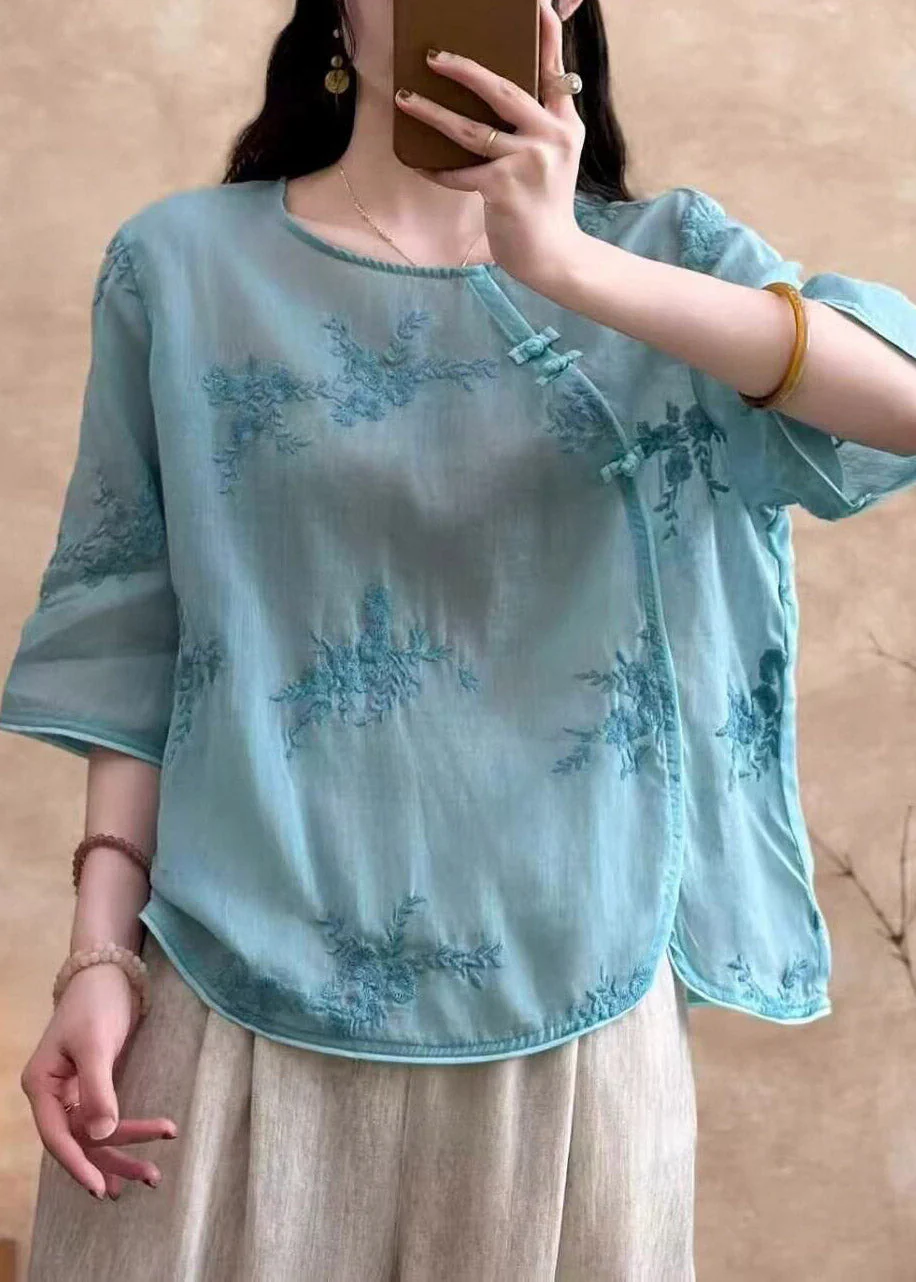 Chic White Embroidered Button Linen Tops Summer - Image 4