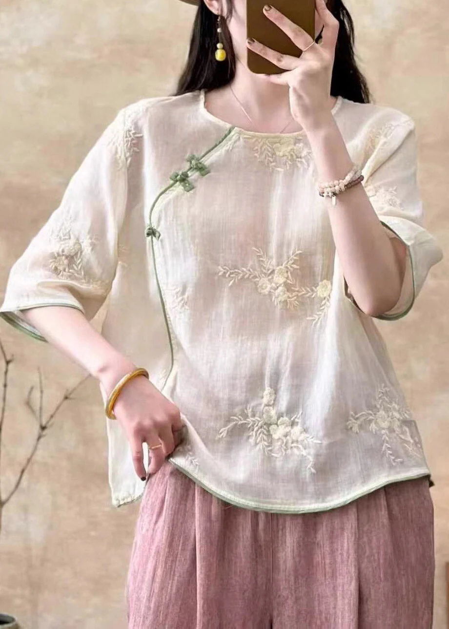 Chic White Embroidered Button Linen Tops Summer - Image 5