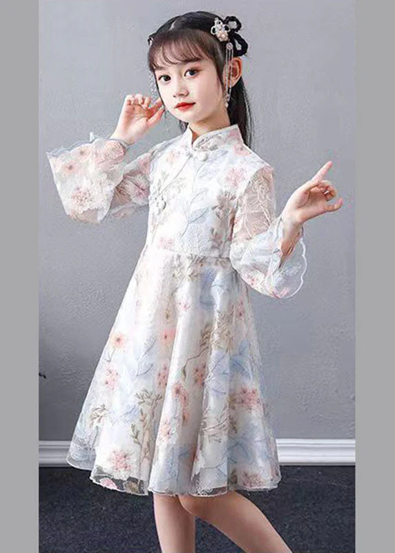 Chic White Embroideried Patchwork Hollow Out Tulle Girls Maxi Dress Long Sleeve - Image 5