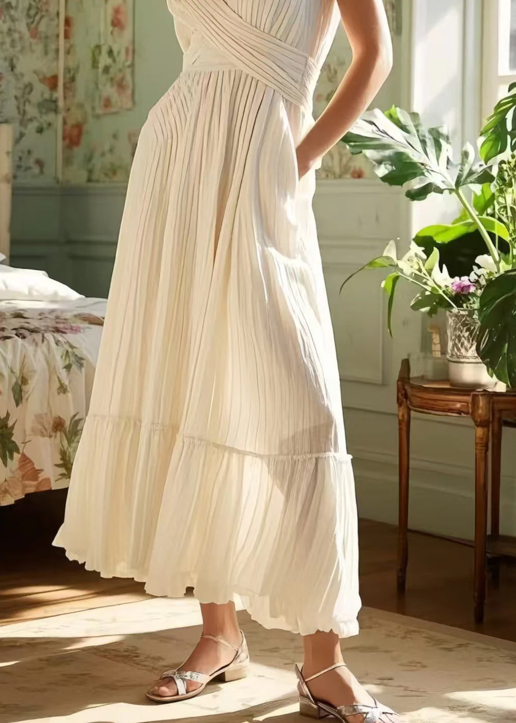 Chic White Exra Large Hem Wrinkled Cotton Cami Dresses Summer - Image 4