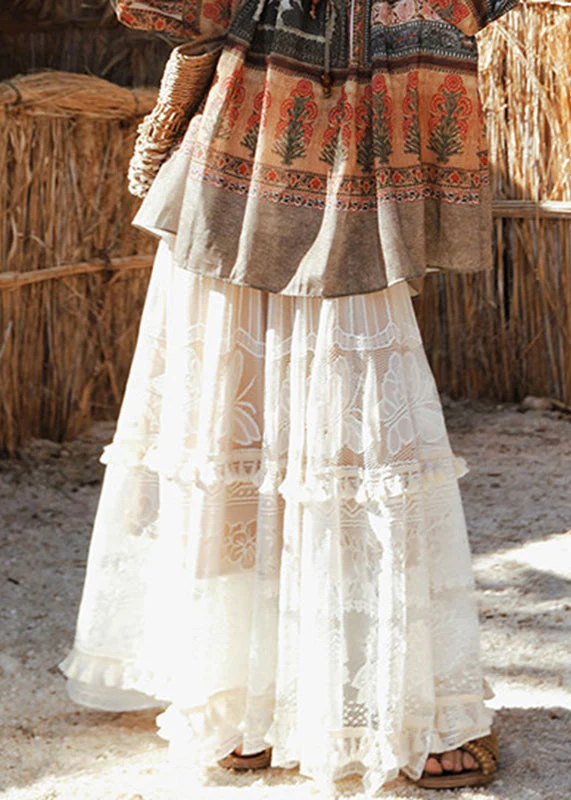 Chic White Floral Elastic Waist Sashes Tassel Maxi Skirts - Image 2