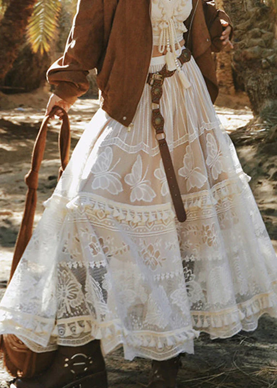 Chic White Floral Elastic Waist Sashes Tassel Maxi Skirts - Image 3