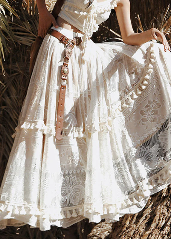 Chic White Floral Elastic Waist Sashes Tassel Maxi Skirts - Image 4