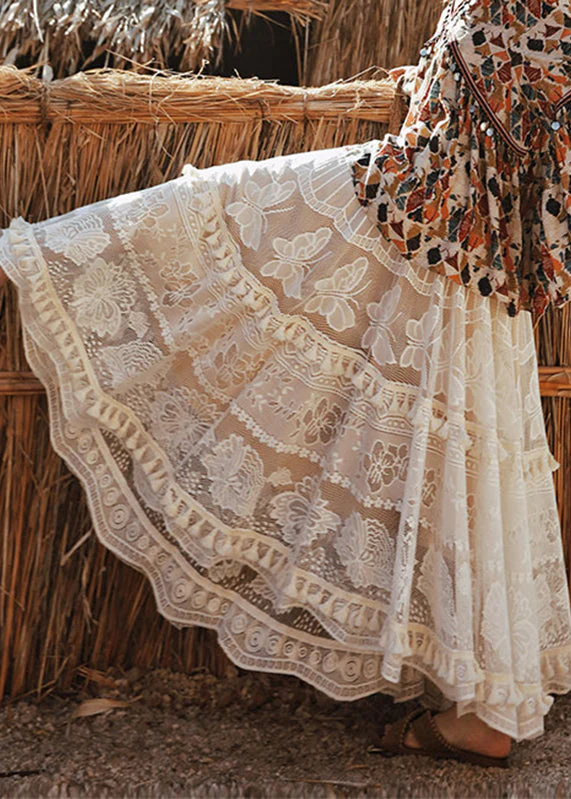 Chic White Floral Elastic Waist Sashes Tassel Maxi Skirts - Image 5