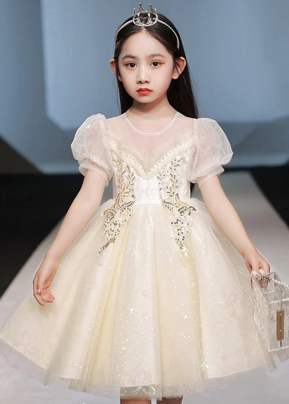 Chic White Nail Bead Patchwork Tulle Girls Vacation Maxi Dresses Short Sleeve - Image 2