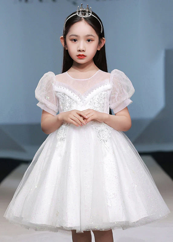 Chic White Nail Bead Patchwork Tulle Girls Vacation Maxi Dresses Short Sleeve - Image 3
