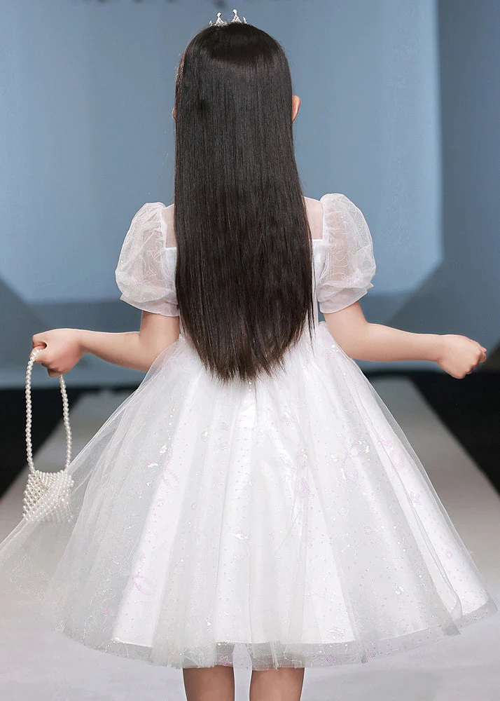 Chic White Nail Bead Patchwork Tulle Girls Vacation Maxi Dresses Short Sleeve - Image 5