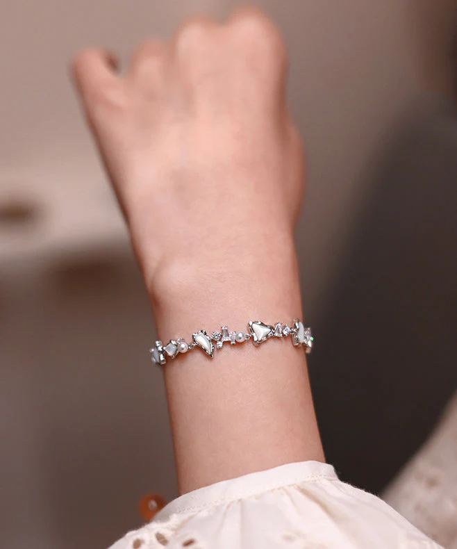 Chic White Natural Freshwater Pearl Mother Of Pearl Zircon Adjustable Silver Bracelet - Image 2